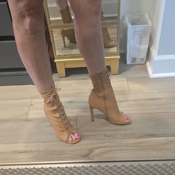Tan Lace-Up Peep Toe Heeled Boots - Picture 1 of 5